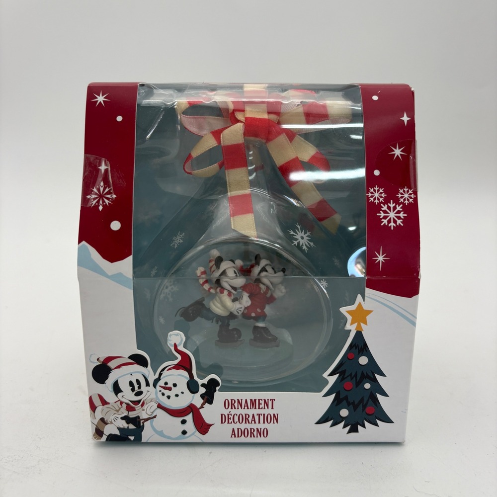 Disney Store Mickey Minnie Glass Christmas Ornament Skating Holiday NIB